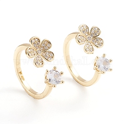 Adjustable Brass Micro Pave Clear Cubic Zirconia Cuff Rings, Open Rings, Cadmium Free & Lead Free, Flower, Long-Lasting Plated, Real 18K Gold Plated, US Size 6(16.5mm)