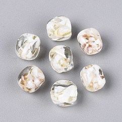 手作りゴールドパウダー入りランプワークビーズ  花と直方体  磁器と  フローラルホワイト  12~13x10~11x10~11mm  穴：1.2~1.5mm