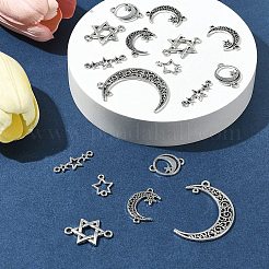 60個 6スタイル チベットスタイル 合金リンクペンダント  三日月と星とハート  カドミウムフリー＆鉛フリー  アンティークシルバー  9~41x11.5~30x1~1.5mm  穴：0.9~2mm  10個/スタイル&nbsp;TIBE-FS0003-22