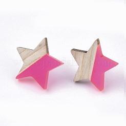 透明樹脂＆ウッドスタッドピアス  304ステンレスピン付き  スター  濃いピンク  17x18mm  ピン：0.7mm&nbsp;EJEW-N017-001A-D06