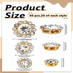 60Pcs 3 Styles Flower Alloy Glass Sew on Rhinestone&nbsp;FIND-LP0008-08