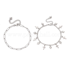 304 Stainless Steel Paperclip & Figaro Chain Bracelets for Women&nbsp;BJEW-JB12445-01
