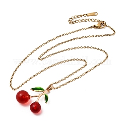 Brass Enamel & Resin Red Cherry Pendant 304 Stainless Steel Cable Chain Necklaces for Women&nbsp;NJEW-H092-01G