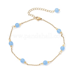 Dyed Round Natural Malaysia Jade & 304 Stainless Steel Cable Chain Ankelets&nbsp;AJEW-AN00701-03