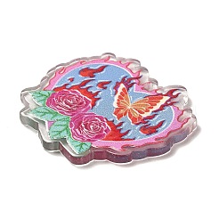 バレンタインデー透明プリントアクリルパーツ  ハートチャーム  花  38x40x2.5mm  穴：2mm&nbsp;OACR-Q187-01D
