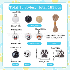 180スタイルのプリントウッドビーズ9個。  ブンケジュートコード1本付き  丸くて足の形  ミックスカラー  ビーズ：15.5~20x14.5~16mm  穴：2.6~7mm  ジュートコード：1.5mm&nbsp;WOOD-SC0001-49