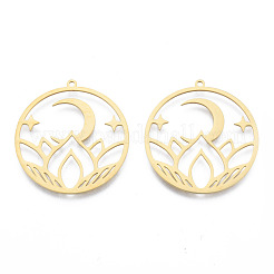 ステンレスペンダント201個  花のチャーム入り月  18KGP本金メッキ  34x32x1mm  穴：1.6mm&nbsp;STAS-N090-LA958-2