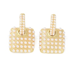 本物の18Kゴールドメッキのバロック真鍮フープピアス（女性用）  プラスチックパール付き  正方形  29x17mm&nbsp;EJEW-S232-02G-01