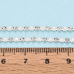鉄ラインストーンカップチェーン  アブソリュートプラスチック模造パール  スプールで  銀  透明  2.5x2x2mm  約10ヤード/ロール&nbsp;CH-N005-02I