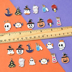 26pcs13スタイルハロウィーンテーマ合金エナメルペンダント  カドミウムフリー＆ニッケルフリー＆鉛フリー  プラチナ  混合図形  ミックスカラー  16.5~28x15~26x1~1.5mm  穴：1.6~2mm  2個/スタイル&nbsp;ENAM-FS0002-08