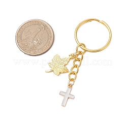 メープルリーフ＆クロス合金エナメルチャームキーホルダー  金色の鉄製リング付き  ホワイト  6.7cm&nbsp;KEYC-JKC00985-02