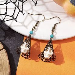 合成ターコイズダングルピアス  真鍮の円錐と鉄のピアスフック付き  スパイダー＆ウェブ  ハロウィン用  アンティークブロンズ  54x20mm&nbsp;EJEW-JE05793