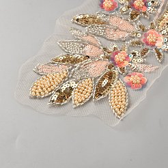 レース刺繍衣装アクセサリー  アップリケパッチ  ミシンクラフト装飾  ガラスシードビーズとスパンコール付き  花  ピンク  148x293x4mm&nbsp;DIY-WH20032-93