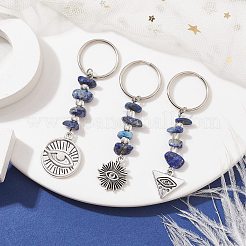 チベット風合金キーホルダー  天然ラピスラズリビーズと鉄のスプリットキーホルダー付き  混合図形  ナザールボンジュウ  混合図形  6.4~7.3cm  ペンダント：42~52x15~19x6mm&nbsp;KEYC-JKC00707