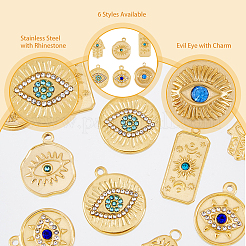12スタイルのアイテーマ304ステンレススチールペンダント6個。  ラインストーン付き  hamsa hand/hand of miriam & flat round  18KGP本金メッキ  17.5~23x10~18x2~3mm  穴：1.2~2mm  2個/スタイル&nbsp;STAS-DC0012-68