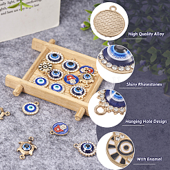 DIY ナザールボンジュウジュエリー作成ファインディング キット  合金クリスタルラインストーンとコネクタチャームを含む  フラットラウンド＆カメ  ライトゴールド  13~24.5x14~23x1.5~4.5mm  穴：1.4~2.5mm  24個/箱&nbsp;FIND-TA0002-62