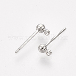 真鍮丸玉スタッドピアスパーツ  カン付きとスチールピン付き  プラチナメッキ  14x3mm  穴：1mm  ピン：0.8mm&nbsp;X-KK-S348-415A