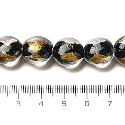手作りの金箔と銀箔のランプワークのフラットラウンドいビーズ  ブラック  14~14.5x8.5~9mm  穴：1.6~1.8mm&nbsp;FOIL-C001-02H