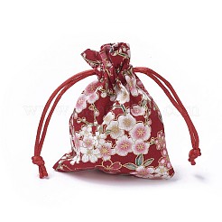 黄麻布製梱包袋ポーチ  巾着袋  花模様の長方形  レッド  10~10.5x8~8.3cm&nbsp;ABAG-I001-8x10-07C