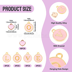 32個5スタイルの金メッキ合金エナメルチャーム  愛とハートの文字が入ったフラットラウンド  ピンク  8~14x7.5~12x2~2.5mm  穴：1.5mm&nbsp;ENAM-TA0003-13A