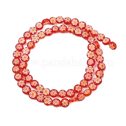 ハンドメイドミッレフィオーリガラスフラットラウンドビーズ連売り  シングルフラワーデザイン  レッド  6x2.5mm  穴：1mm  約64~68個/連  14.5~15インチ&nbsp;LK-P010-02