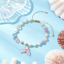 女性用ガラスビーズ編みビーズブレスレット  フィッシュテール＆スター  電気メッキ非磁性合成ヘマタイトビーズと貝パールビーズ付き  内径：2-1/8インチ（5.5cm）〜3-3/8インチ（8.5cm）&nbsp;BJEW-JB11732