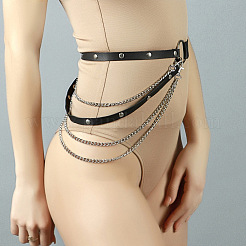 Black Imitation Leather Alloy Curb Chain Multi-Layered Tassel Waist Belly Chains for Women&nbsp;FS-WG2D7EC-01