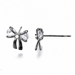 真鍮製スタンドピアス  クリアキュービックジルコニア  ニッケルフリー  蝶結び  ガンメタ色  9.5x9.5mm  ピン：0.7mm&nbsp;KK-T062-44B-NF