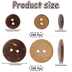 200個 2スタイル 天然ココナッツボタン  2穴のフラットラウンド  ココナッツブラウン  13~20x3mm  穴：2~2.5mm  100個/スタイル&nbsp;BUTT-GF0003-99