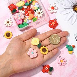 28個14スタイル不透明樹脂ペンダント  プラチナアイアンループ付き  植物のチャーム  花とサボテンとニンジン  混合図形  ミックスカラー  25~32x15~24x4~7mm  穴：2mm  2個/スタイル&nbsp;RESI-CJ0002-54