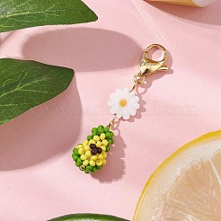 アボカドガラスシードビーズペンダント装飾  バッグの飾りに使える花のガラスパールと天然淡水貝のビーズとロブスターの爪留め  ゴールドカラー  48mm&nbsp;HJEW-MZ00184