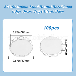 304ステンレススチールカボションセッティング100個  レースエッジベゼルカップ  フラットラウンド  ステンレス鋼色  17x3mm&nbsp;FIND-BBC0003-49