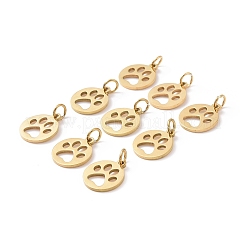 304ステンレスペンダント  犬の足のプリントとフラットラウンド  ゴールドカラー  14x12x1.1mm  穴：4mm&nbsp;STAS-Q201-T455G