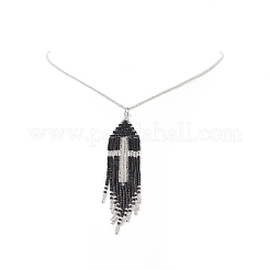 Glass Seed Beaded Cross Tassel Pendant Necklaces&nbsp;NJEW-MZ00011-02