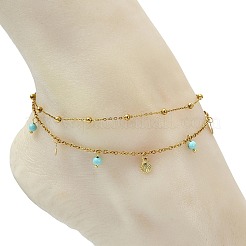 Round Natural Magnesite & Shell Shaped 304 Stainless Steel Charm 2-Strand Anklets for Women&nbsp;AJEW-AN00816-01
