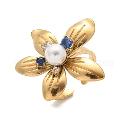 女性用304ステンレススチールカフリング  花  キュービックジルコニアとプラスチックビーズを使用  18KGP本金メッキ  花：31x32mm&nbsp;RJEW-H246-04G