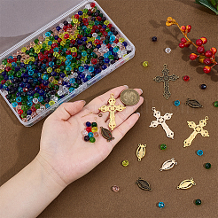 DIYロザリオビーズ作りキット  ガラスビーズを含む  アイアンアイピン＆丸カン  チベット風合金ペンダントとリンク  ミックスカラー  8x6mm  穴：1mm&nbsp;DIY-PH0033-65