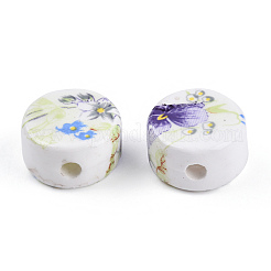 花柄プリントの磁器ビーズ  花柄のセラミックビーズ  花付きフラットラウンド  ミディアム蘭  16x10mm  穴：3mm&nbsp;PORC-Q176-16mm-2