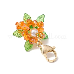 ガラス、アクリル、貝殻パールの花のペンダント装飾  ステンレススチール製ロブスタークロウ留め金304個付き  ダークオレンジ  44~46mm&nbsp;HJEW-MZ00209-08