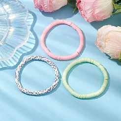 3Pcs 3 Colors Polymer Clay Disc Beaded Stretch Bracelet Sets&nbsp;BJEW-JB10440-01