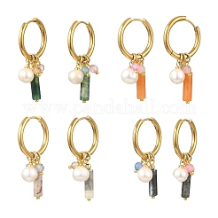 天然宝石と淡水パールのドロップピアス  202ステンレススチール製のハギーフープと真鍮製の金具付き  ゴールドカラー  ミックスカラー  48x8mm&nbsp;EJEW-JE07170