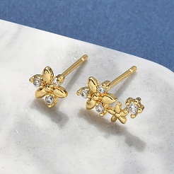 Flower Brass Micro Pave Clear Cubic Zirconin Stud Earrings&nbsp;EJEW-D318-05G