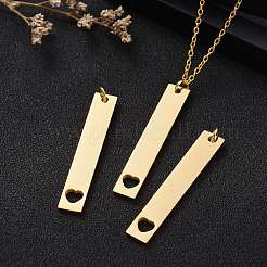 ステンレスペンダント201個  手動研磨  ハートを付きの矩形  ゴールドカラー  40x7x1.5mm  穴：3mm&nbsp;STAS-S105-T603D-2