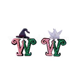 アクリルグリッターパウダーダングルスタッドピアス  魔女の帽子と王冠をつけた文字「W」  左右  プラチナ  45x34.8mm&nbsp;FS-WGC50DB-01