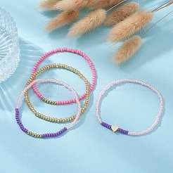 4Pcs 4 Style Brass Heart & Glass Seed Beaded Stretch Bracelets Set&nbsp;BJEW-JB09537