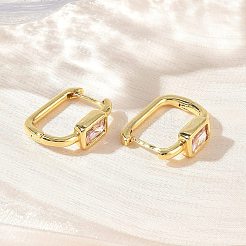 真鍮製パヴェセッティングのシングルキュービックジルコニアフープピアス  長方形  鉛フリー＆カドミウムフリー  ラックめっき  長持ちメッキ  18KGP本金メッキ  17x13.5x5.5mm&nbsp;KK-CBA98BA-18G