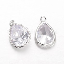 ティアドロップ真鍮キュービックジルコニアペンダント  プラチナ  18x12x6mm  穴：1.5mm&nbsp;KK-L134-22P