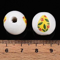 イースターテーマのプリントウッドビーズ  ラウンド  ホワイト  14.5~15x15.5~16.5mm  穴：4~4.5mm&nbsp;WOOD-T032-22O
