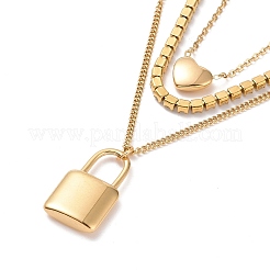 Crystal Rhinestone Heart & Word Love You Padlock Charms Triple Layer Necklace&nbsp;NJEW-C036-07G