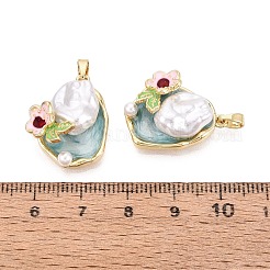 真鍮製エナメルペンダント  ティアドロップとフラワーチャーム  ABSの模造パールと  18KGP本金メッキ  アクア  23x17.5x8~9mm  穴：5x2.5mm&nbsp;KK-SZC0009-09G-04